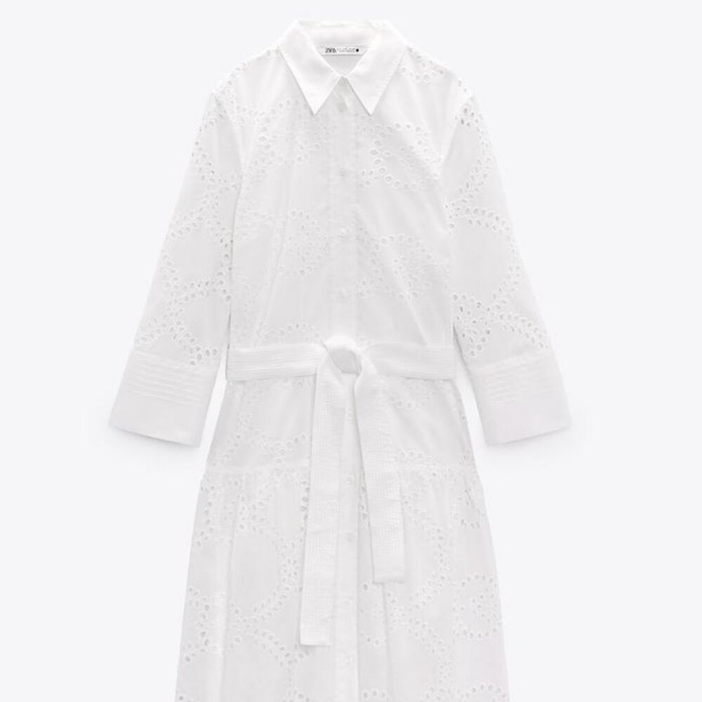 Zara White Summer Cotton Embroidery Dress - Brand New